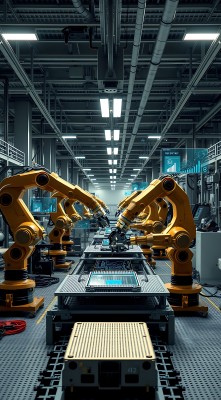 智能生产线上的黄色机械臂 智能生产线上的黄色机械臂