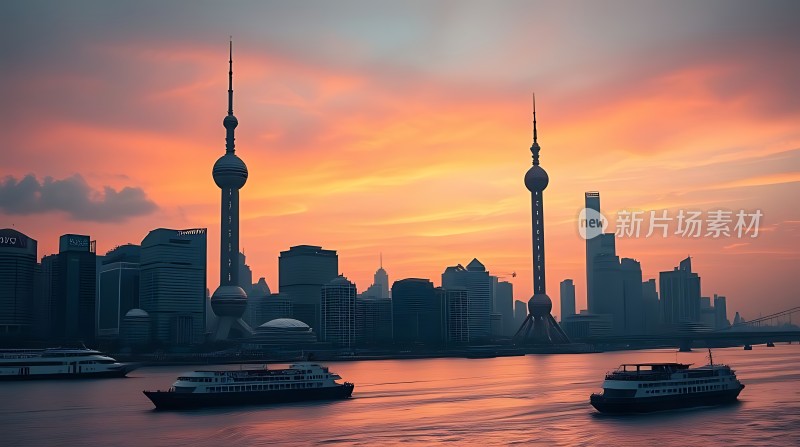 东方明珠与黄浦江畔日落美景
