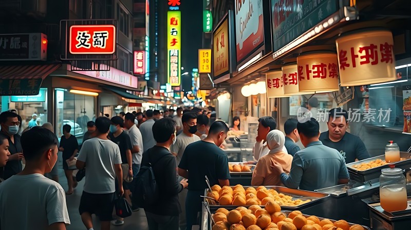 夜市繁华美食琳琅人群熙攘霓虹闪烁
