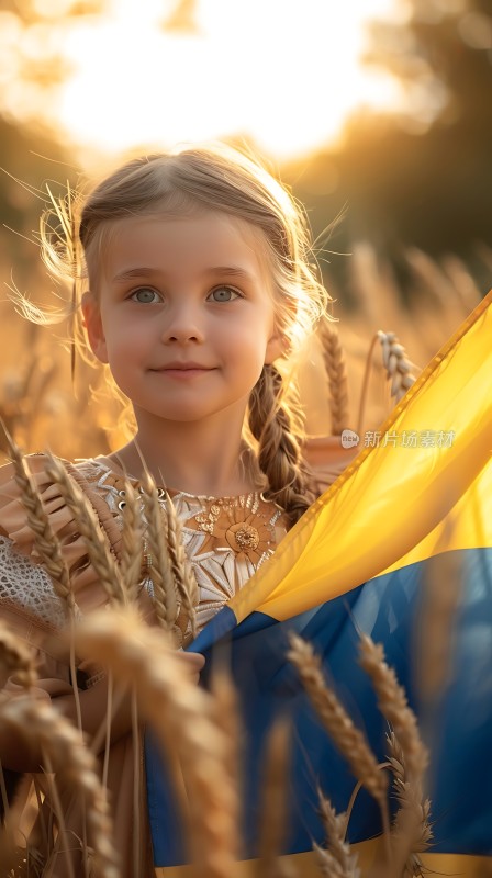 金色麦田中的乌克兰小女孩
