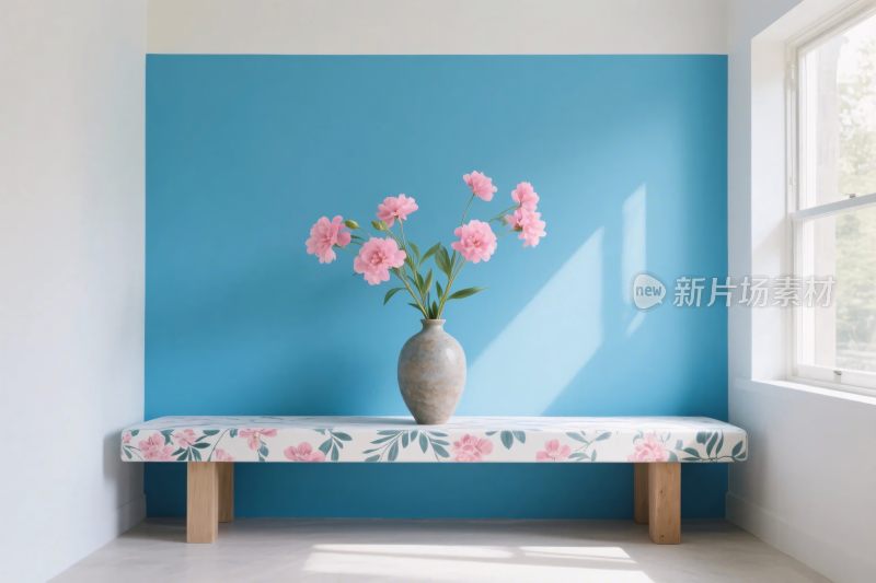 蓝墙长凳鲜花装饰