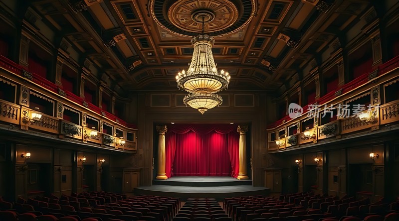 剧院盛宴红幕舞台华丽吊灯观众席待客