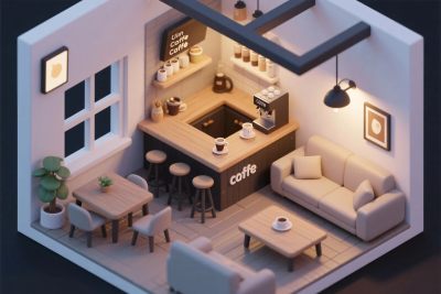咖啡馆室内等距插画