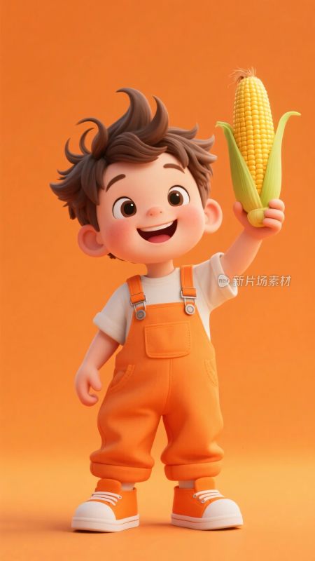 手持玉米的卡通小男孩