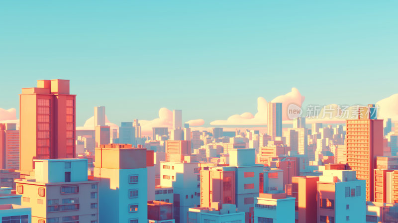 蓝色天空下，卡通风格的城市插画