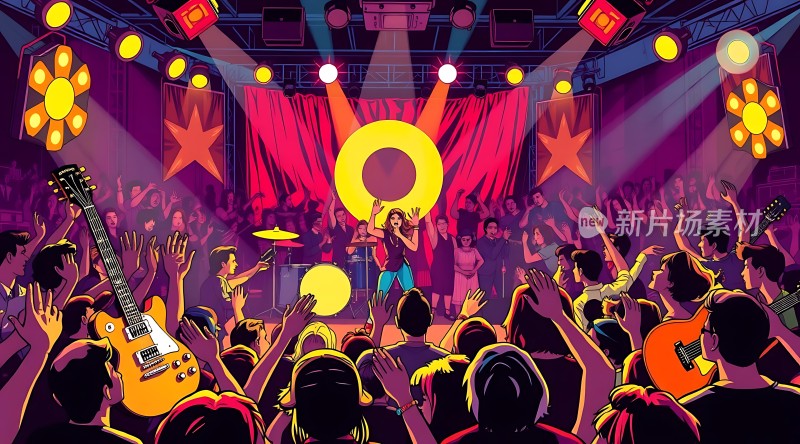 舞台灯光璀璨乐队激情演奏观众热情高涨的音乐会现场