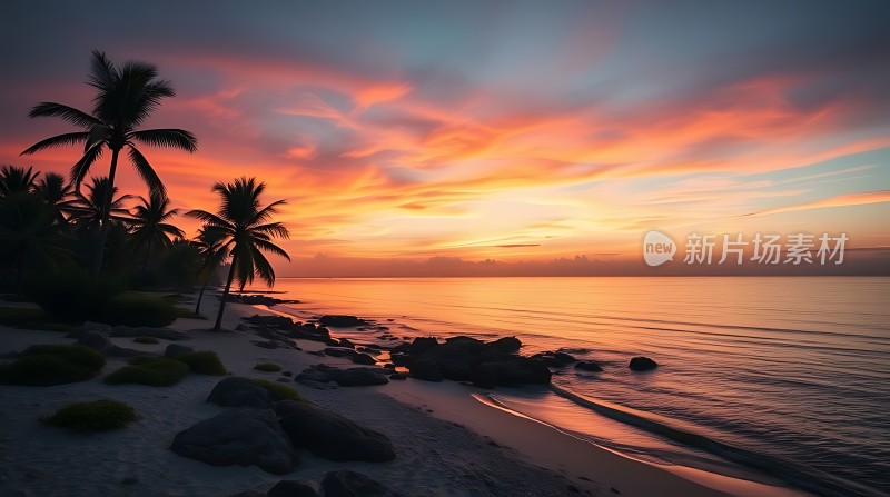 椰林晚霞映碧波