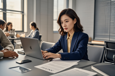 一个女人坐在桌边拿着笔记本电脑高清图片