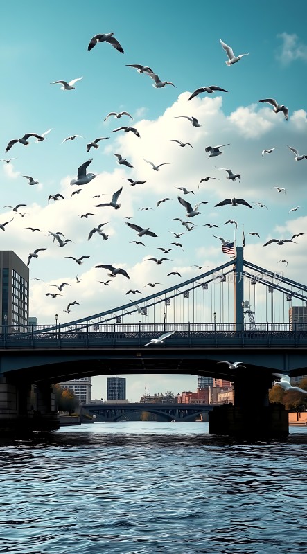 飞翔的海鸥与城市桥梁