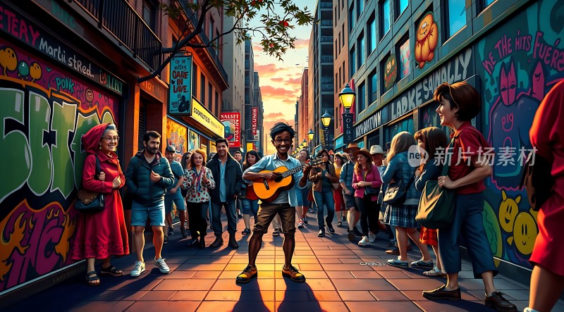 街头吉他手与多彩壁画
