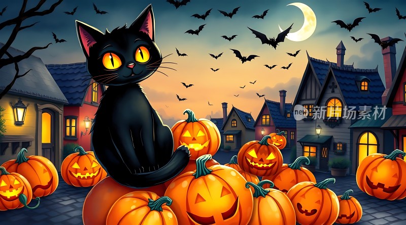 万圣节之夜黑猫与南瓜灯