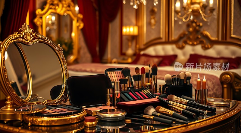 金色梳妆台上的化妆品和镜子