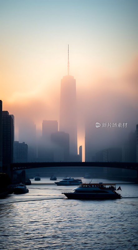 日出时分的城市天际线与河流景观