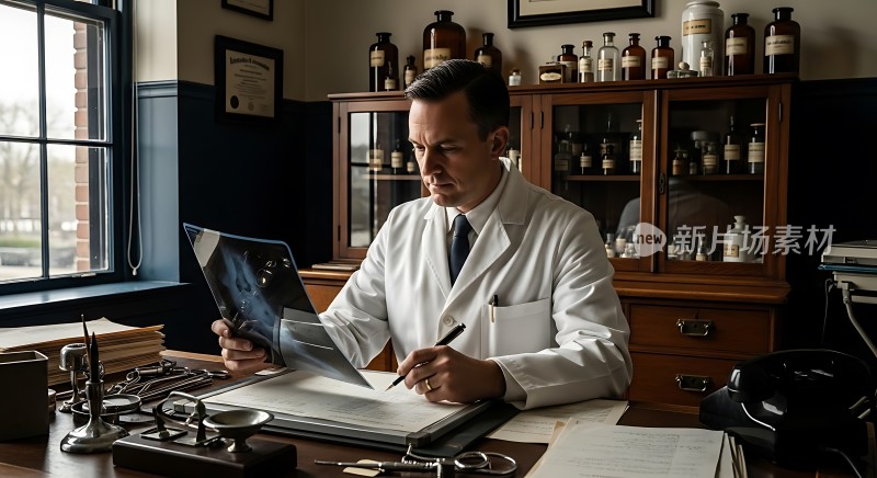 医生专注研究X光片展现专业与敬业精神