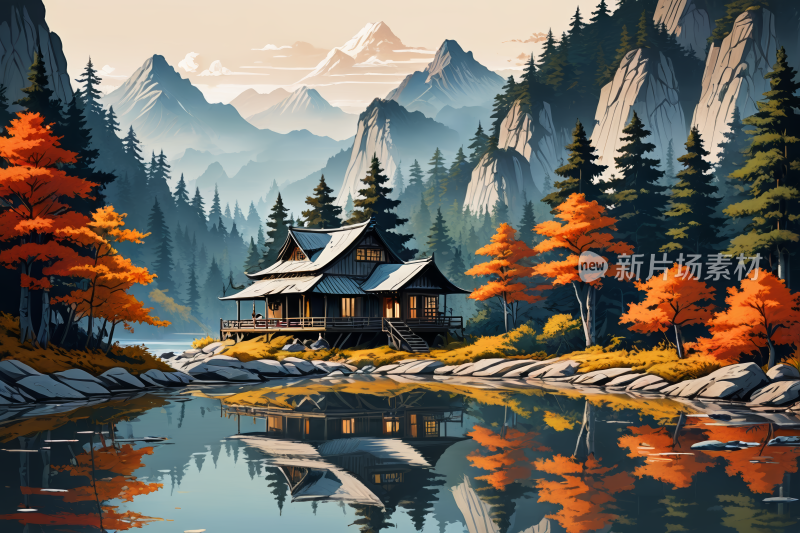 湖中央小屋的高清风景插画图片