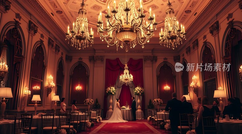 豪华婚礼现场红毯铺地吊灯璀璨新人携手共度美好时刻