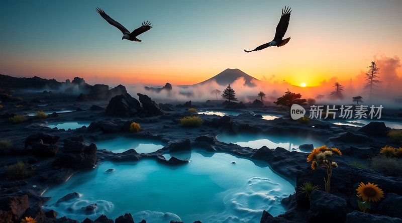 日出时分的火山温泉奇景