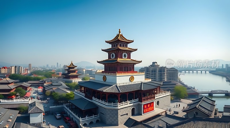 古塔新景河畔风光