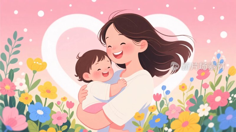 母亲与孩子温馨相拥插画