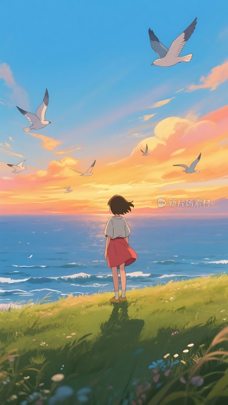 海边的日落与飞翔的海鸥