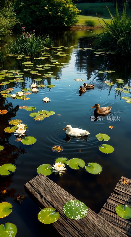 荷塘月色白鸭戏水