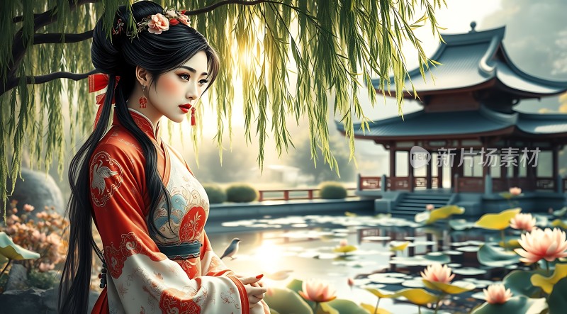 汉服佳人柳下赏莲