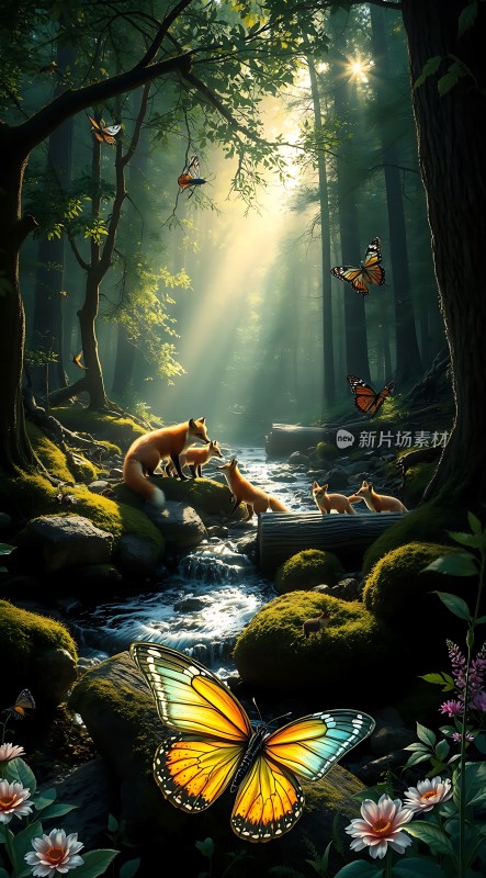 阳光下的森林小溪与狐狸和蝴蝶