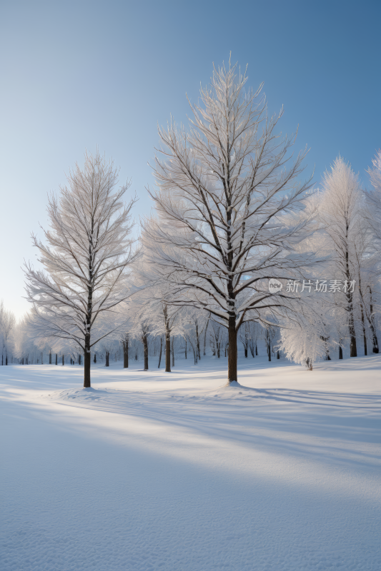 蓝天公园里的树木被雪覆盖背景图片