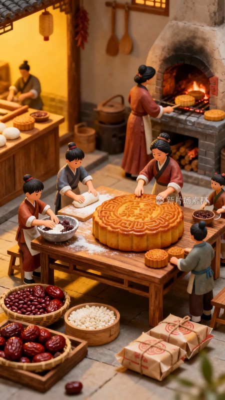 古风场景月饼制作现场