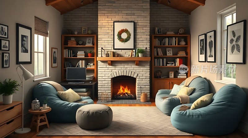 温馨壁炉客厅舒适沙发书架自然光线映照