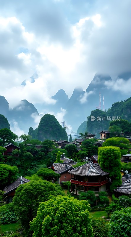 云雾缭绕的山村风光