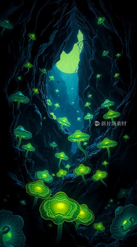 幽暗洞穴中的荧光蘑菇