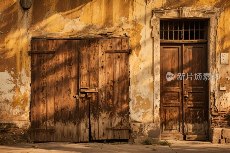 老旧建筑木门与墙面