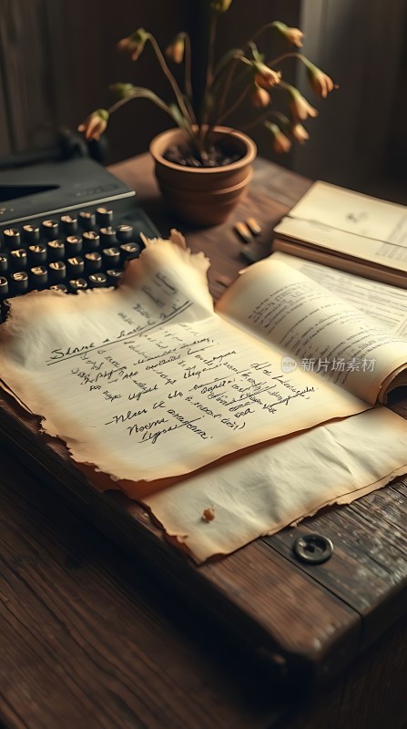 古旧手稿与打字机