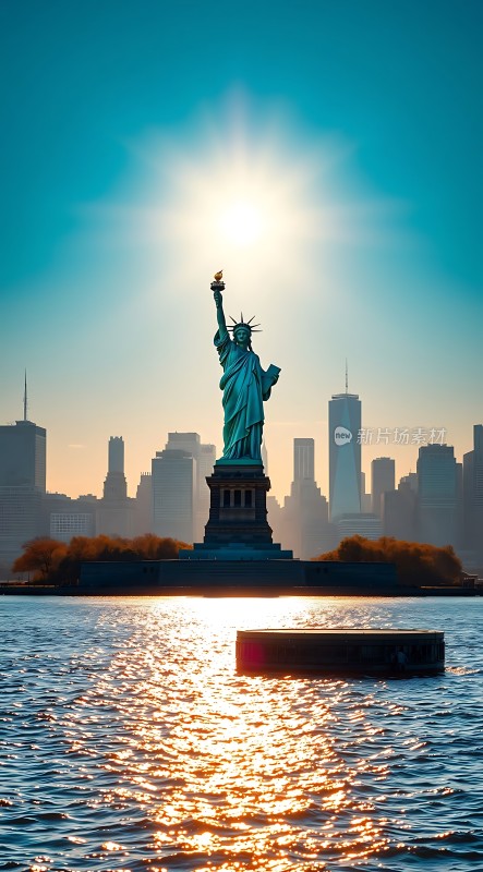 自由女神像与城市天际线日落美景