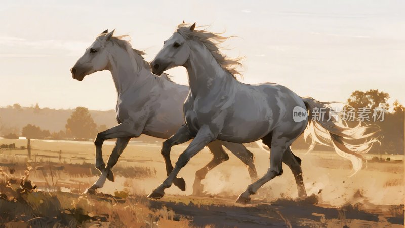 两匹白马在旷野中奔腾