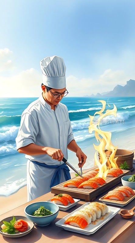 厨师在海边制作寿司