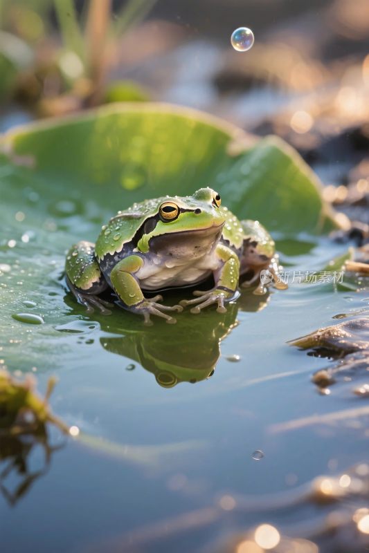 青蛙栖息荷叶摄影