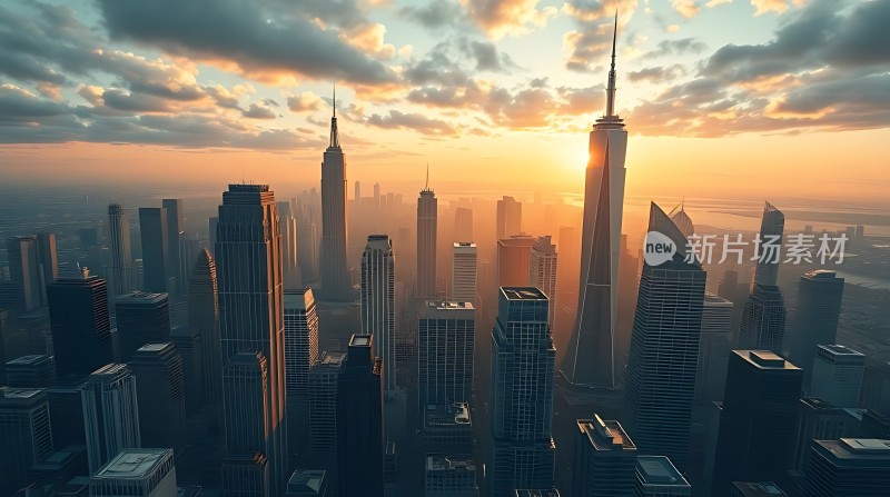 城市日出高楼林立阳光洒满大地