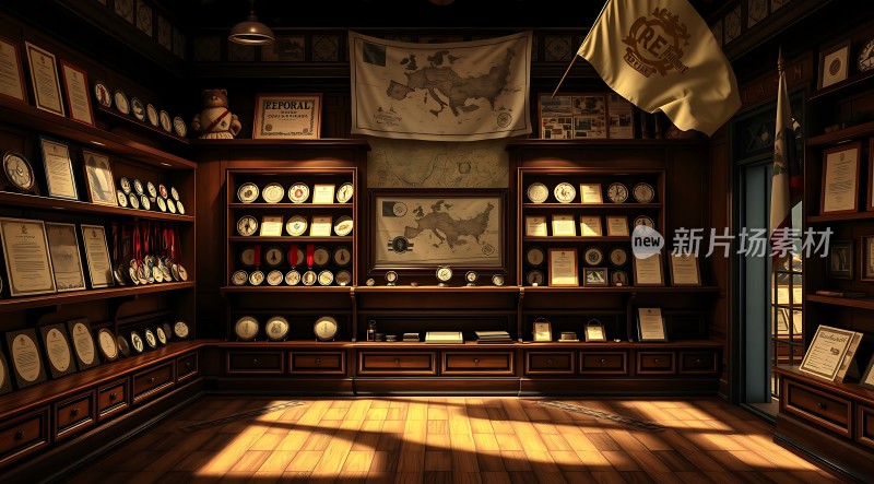 荣誉室里的奖牌与证书