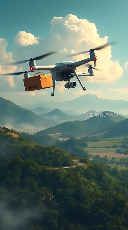 无人机医疗配送蓝天白云下的绿色家园