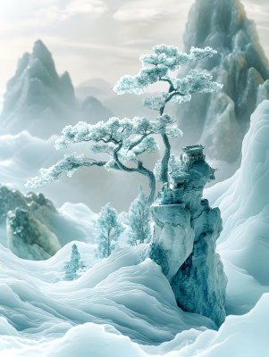 梦幻中国风微缩场景冰雪仙境风景插画