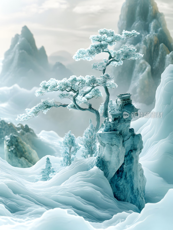 梦幻中国风微缩场景冰雪仙境风景插画