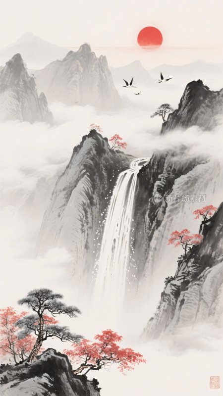 中式山水瀑布日出图景