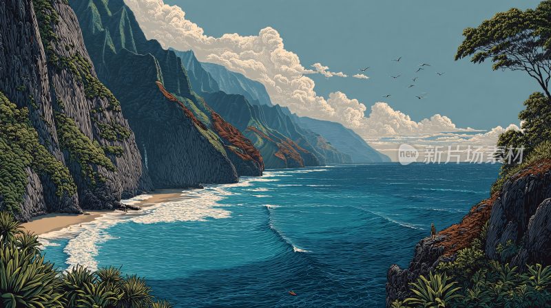 海边壮丽山海风景插画