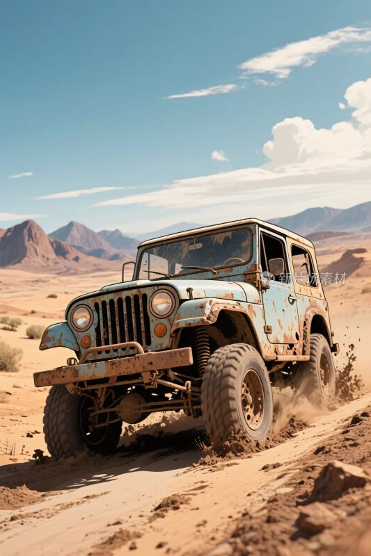 沙漠中行驶的复古越野车