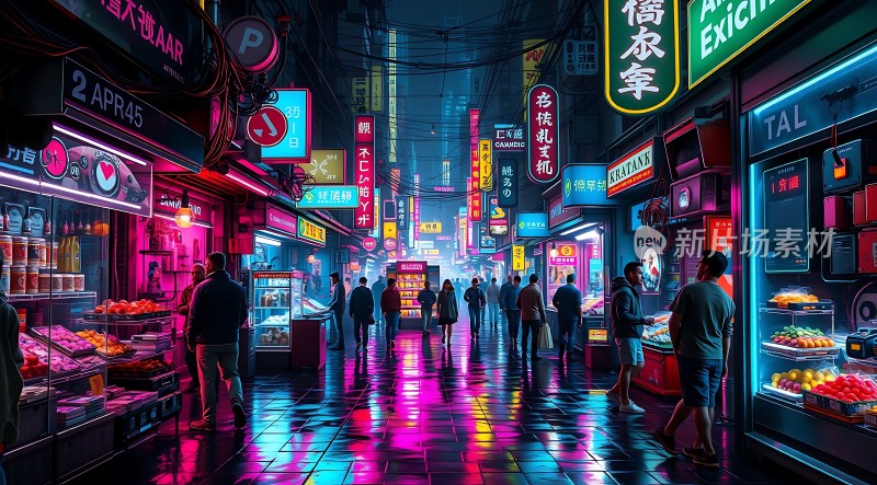 霓虹灯下的繁华夜市