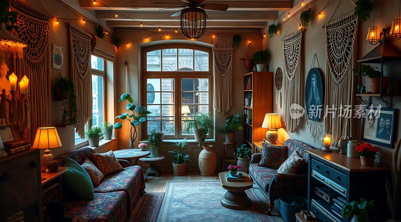 温馨客厅绿植环绕舒适沙发精美装饰灯光柔和