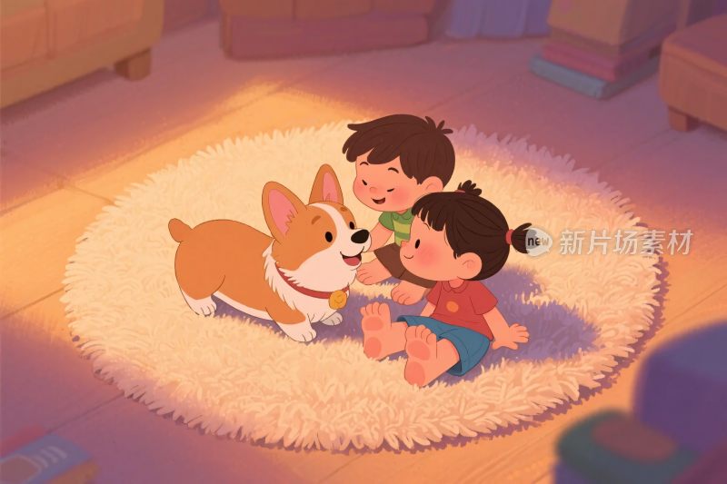 小孩与柯基犬的温馨插画