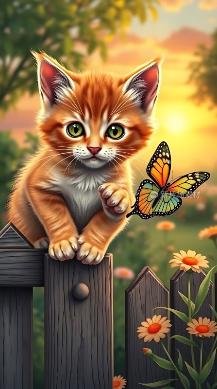 小猫与蝴蝶共舞于花丛间